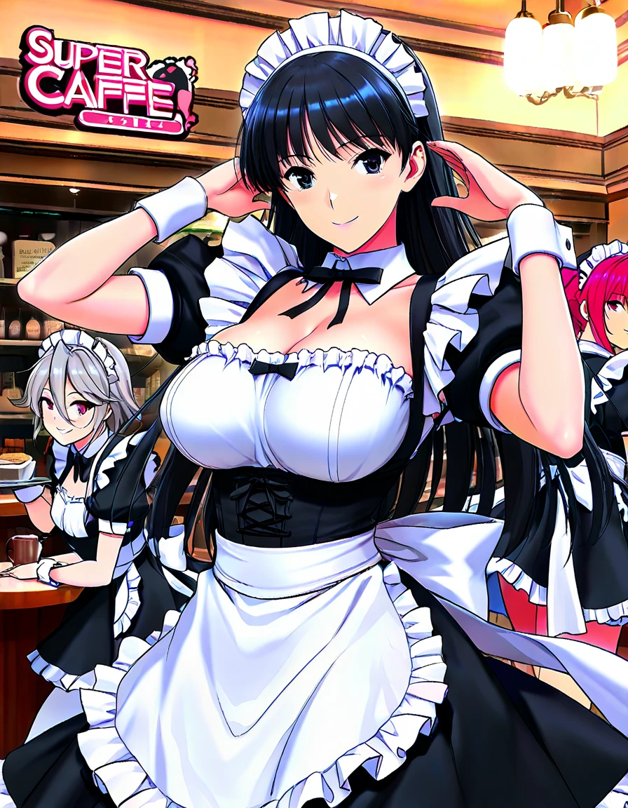 (masterpiece), highest quality, (10 girls, group photo:1.4), beautiful body, ((huge breasts))),(huge breasts),(saggy breasts))))), (white skin)), blonde hair, silver hair, twin tails, Braid, amount, ((leaning forward)), ((leaning forward)), (grinning face))),(put your hands behind your back), ((Maid clothes)), (Bedroom), ((leader is a man in standing in the middle)).