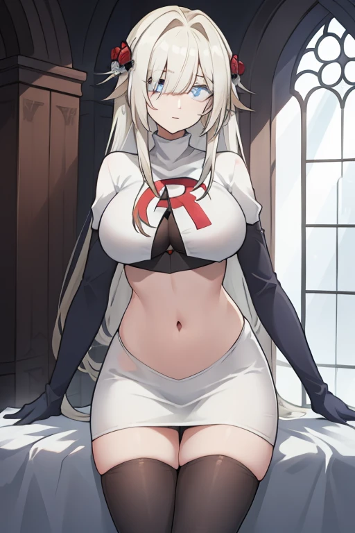masterpiece, biancapgr_snpe, eyebrows visible through hair, hair ornament, mole under eye, (blue eyes:1.1), solo, team rocket, team rocket uniform, white skirt, red letter R, crop top, black thigh-highs, black elbow gloves, BREAK cowboy shot, looking at viewer, BREAK (masterpiece:1.2), best quality, high resolution, unity 8k wallpaper, (illustration:0.8), (beautiful detailed eyes:1.6), extremely detailed face, perfect lighting, extremely detailed CG, (perfect hands, perfect anatomy),