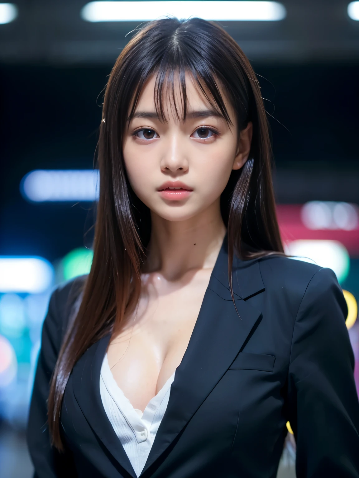 (put your index finger on your chin, bend the index finger, Shiny Rubber Suit,((My chest is exposed))、 Staring at the audience, Leaning forward, 1 Girl, View your viewers, from the front, Facing directly at the viewer, White and pink clothes, White gloves, Futuristic space suit, Inside the spaceship room), smile, Upper Body, Bodysuits, mini pencil skirt, High-neck clothes, Hide the neck, Droopy eyes, Tilt your head, Tabletop, Highest quality, Very cute girl, 20-year-old, Black Hair, pink line in the center of the clothes