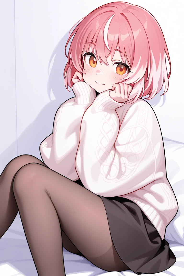 pink hair black glasses pink eyes extremely blushing a big pink sweater short black skirt black stockings white tennis shoes that is a reserved girl that is pouting