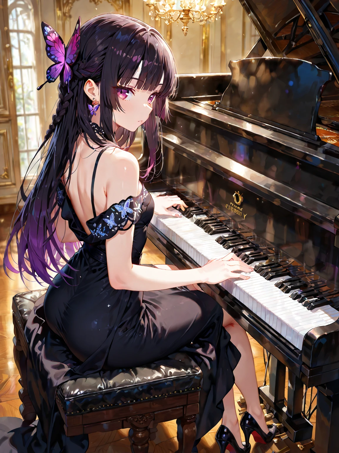 (highest quality:1.2, Very detailed, up to date, Vibrant, Ultra-high resolution, High Contrast, masterpiece:1.2, highest quality, Best aesthetics), Portraiture、girl、Bright colors、Beautiful fine details、Beautiful lip detail、long hair、black and purple ((streaked hair:1.6)), highlights hair: 1.5, rbrown eyes, slim body, small breast, camisole, playing piano, grand piano, sitting piano chair, her room、Cowboy shot,
