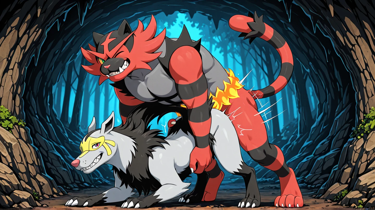male/female duo, score_9,score_8_up,score_7_up, anthro female meowscarada, naked, nipples, vagina, anthro male incineroar, penis, doggystyle sex, cum.