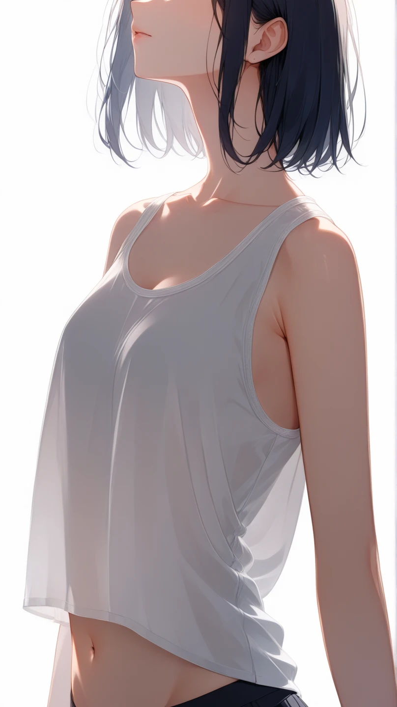 (masterece-piece:1.4)、(the best quality:1.4)、8K、hard disk、ultraclear、女の子1人、（a large breast：1.2）、black  hair、（Heart-shaped pupil 1）、（Tongue out：1.2）、Bijo：1.3、（weeping：1.3）、High school student、Tank Tops、short-hair、Wet、opening legs、Black underwear