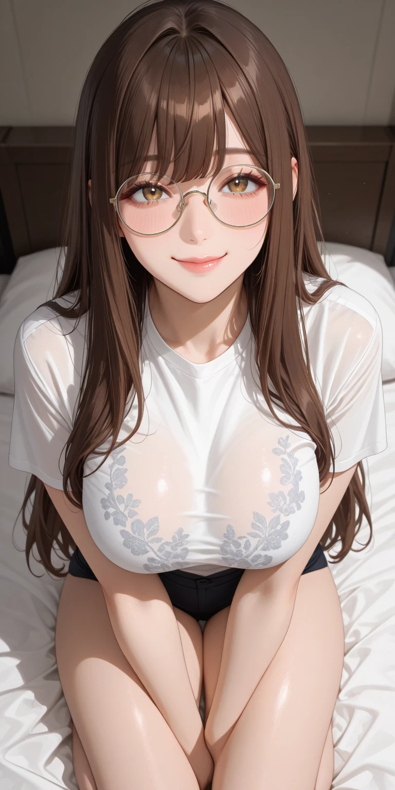(best quality:1.5, highres, UHD, 4K, detailed lighting, shaders), brown wavy hair, gradient hair, with transparent  glasses, , white shirt, skirt jeans, whipanties, mature woman , (pov), white background, colorful eyeshadow, dramatic lighting, sparkling eyes, sensual expression, golden earrings, flowing hair, delicate facial features, soft skin, high cheekbones, urban setting, white background, sitting squatting with  open)