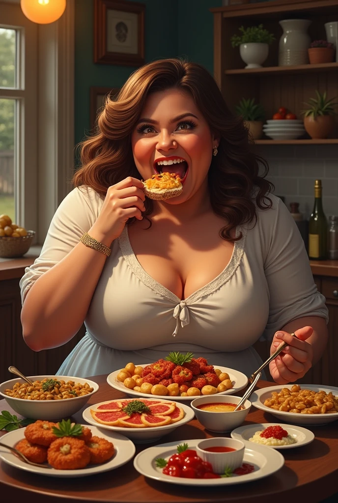 Heaps of food in both hands,cooking battle,fat muscular woman Iron Chef: Quest for an Iron Legend,the back ground is in a fancy restaurant, surrounded by food, food everywhere, table full of food in foreground,kitchen stadium