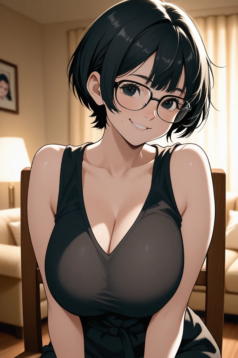 One Girl,18-year-old,Perfect hands, Perfect Fingers,Perfect Anatomy, masterpiece, Highest quality,Realistic, hyperRealistic, 16k hdr,, morning, short hair, Black Hair, blue eyes, Glasses, (See-through white Nike tank top:1.2),Pub, From below,Are standing,(Sweat:1.3),(blush, smile),Large Breasts,Upper Body,necklace,(Leaning forward:1.2)