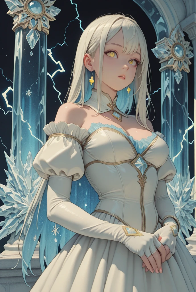 masterpiece,best quality, official art, extremely detailed CG unity 8k wallpaper, ((top quality, 8k, masterpiece: 1.3, ultra hd, high quality, best quality, high definition, ((realism)), sharp focus: 1.5,（Very detailed CG unity 8K wallpaper), Dark Cinematic Lighting, cinematic lighting ,massive breasts, tan skin,white suit),The best quality,ash white hair,blue eyes,upper body, cleavage, collarbone, 3:4,((hourglass figure))solo, best quality, masterpiece, extremely detailed CG, extremely detailed 8K wallpaper,((define and athletic body))