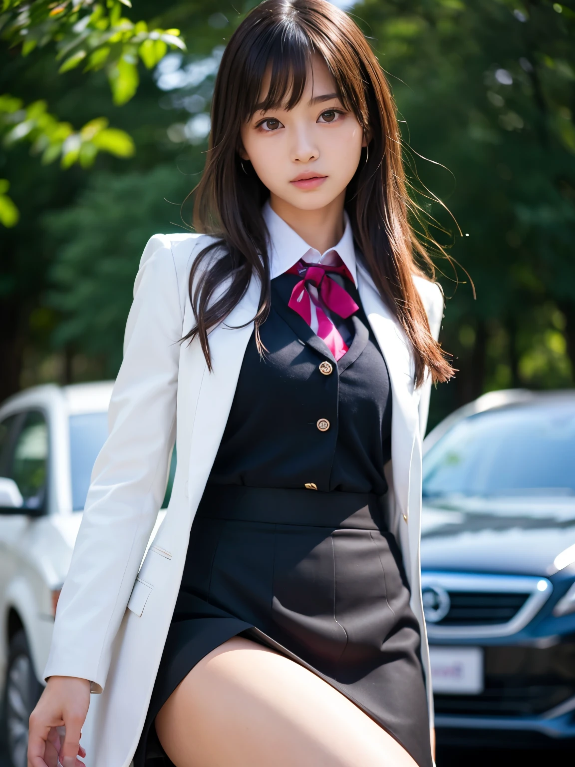 a 17 year old girl, she is the most beautiful actress in the world, the perfect body proportions of this girl, her upper body within the formal shirt are in the blazer that's buttoned up on her waist area between shirt and short skirt, her crotch area of the panties between her bare legs are hardly hidden by the short skirt, the front of her body, the one description, she is standing straight, at the street, nsfw, best quality, highly detailed, masterpiece, ultra high res, photo realistic, 8k, RAW photo