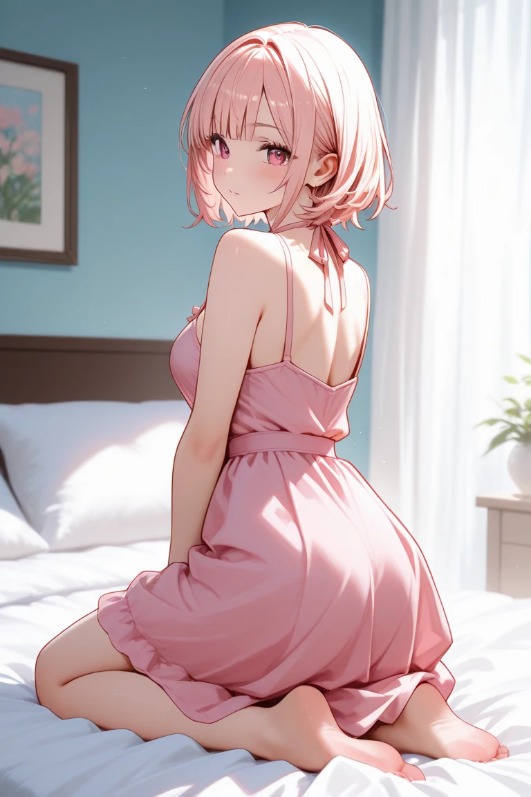 Pink Hair、Pink Eyes、girl、Small breasts、Bun Hair、girl、Small breasts、ta、Bright smile、Looks about 15 yan Musume、short、目のhighlight、Sexy thighs、(length, High neck, Sleeveless sweater:1.3)、Your eyes areeautiful、highlight