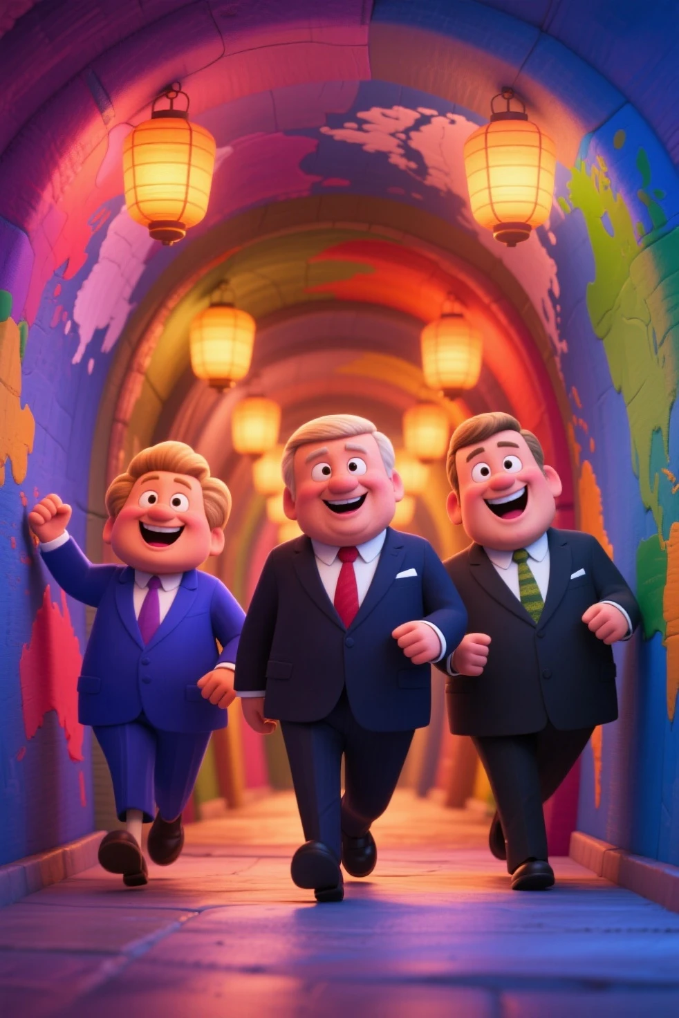 Create a Disney Pixar-inspired poster featuring the characters in a marching band in red outfits and black pants playing various instruments with the name of the band Bamuv