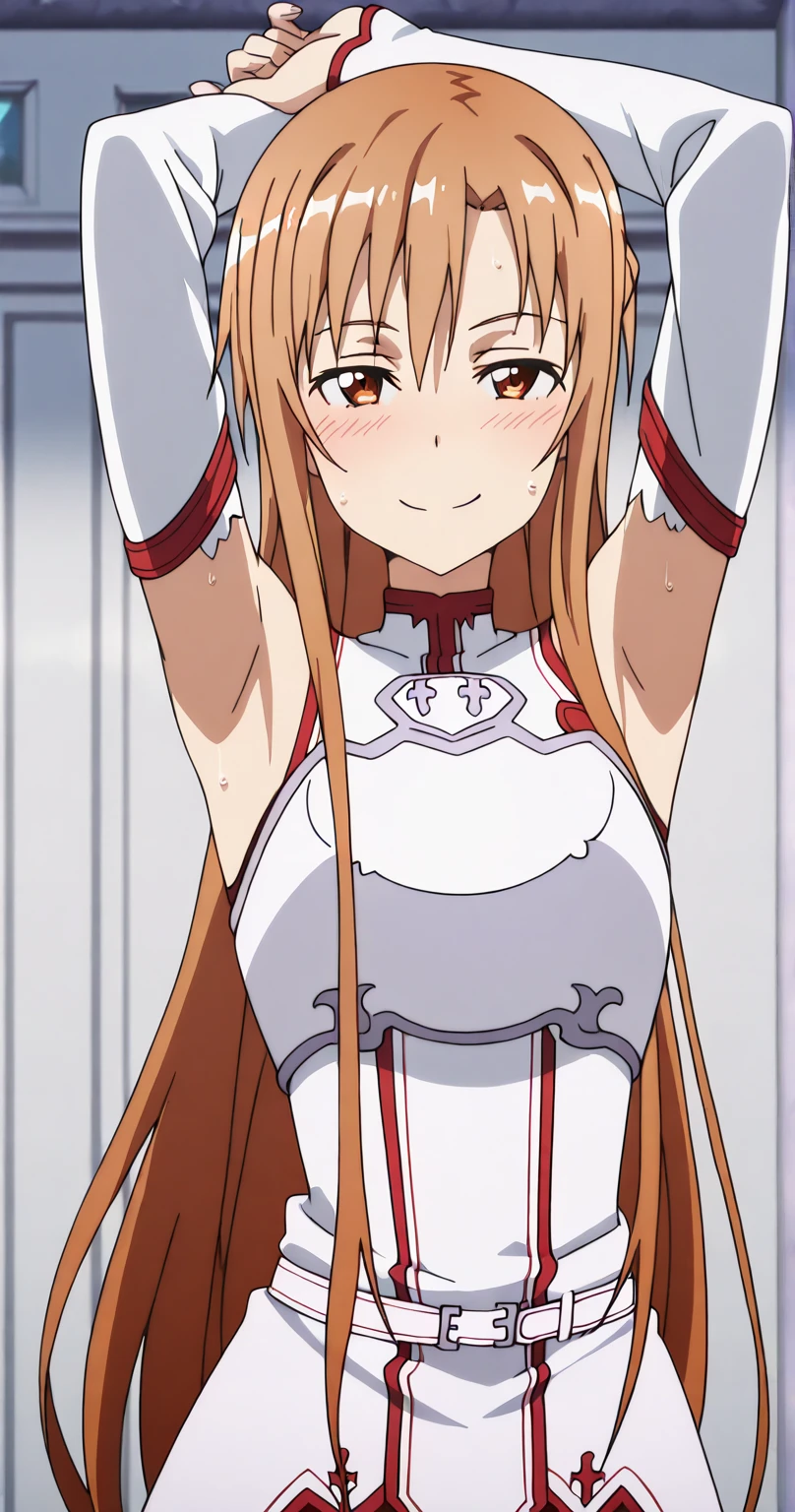 masterpiece, best quality, very aesthetic, absurdres, newest,1girl, covered_nipples, (close-up of face), shushing, silence gesture,wink,one eye closed, smile, grin,finger_to_mouth,,asuna_(sao),sword_art_online,  armor, armored_dress, armpit_peek, armpits, bare_shoulders, belt, braid, breastplate, brown_eyes, brown_hair, detached_sleeves, dress, elbow_gloves, french_braid, gloves, long_hair, miniskirt, pleated_skirt, red_skirt, skirt, sleeveless, sleeveless_dress, thighhighs, very_long_hair, white_armor, white_belt, white_dress, white_sleeves, white_thighhighs, zettai_ryouiki,in bedroom