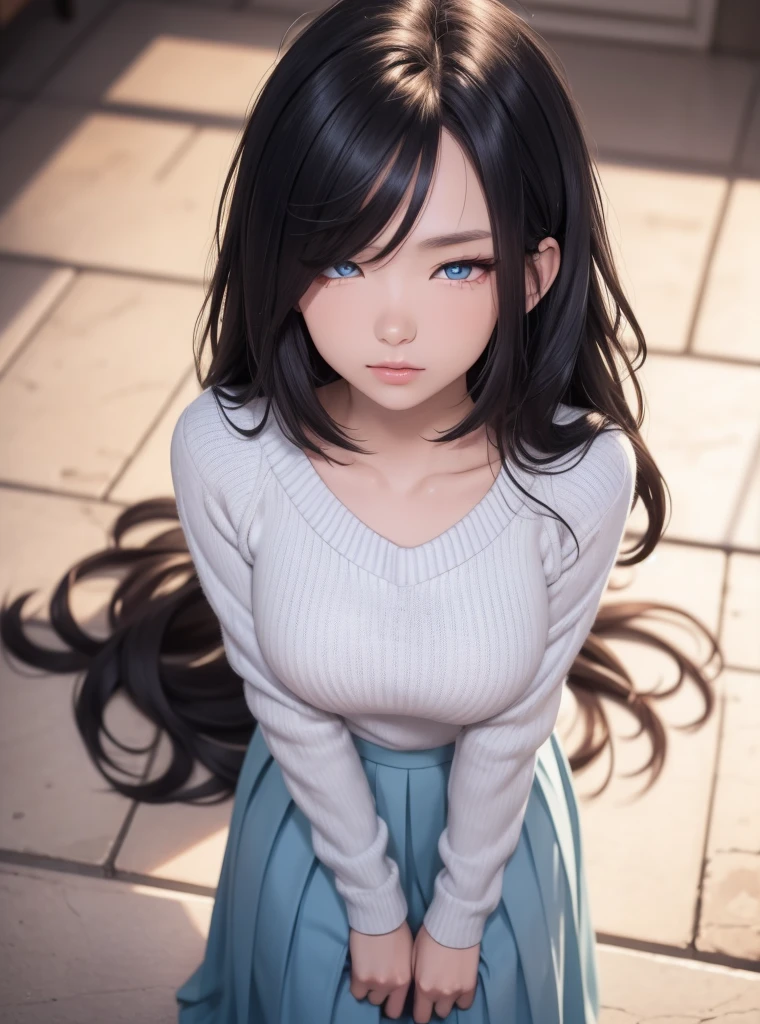 absurderes, ultra-detailliert,bright colour,(in 8K:1.3),masuter piece,extremely beautiful detailed face and eyes, 25 years old,(Smooth straight black hair:1.3), (Shiny straight long hair:1.2),(Pattsun bangs:1.2) Delicate beautiful face, red blush、(Deep blue eyes: has third eye :1.3), (white tight dress classic not showable:1.2) Natural Nice Spot, Detailed face, ms loverwoman.