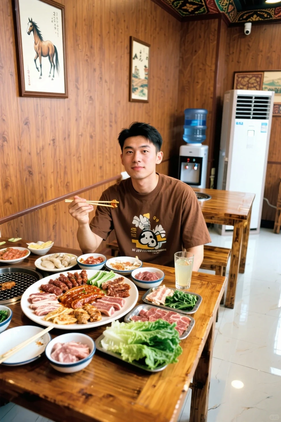 There was a man sitting at the table,Carrying a bowl of food, 2 8 years old, 2 3 years old, 2 9 years old, 2 7 years old, 3 2 - year - old man, 2 4 years old, 2 4 - year - old man, 2 2 years old, 21 years old, he is about 3 0 years old