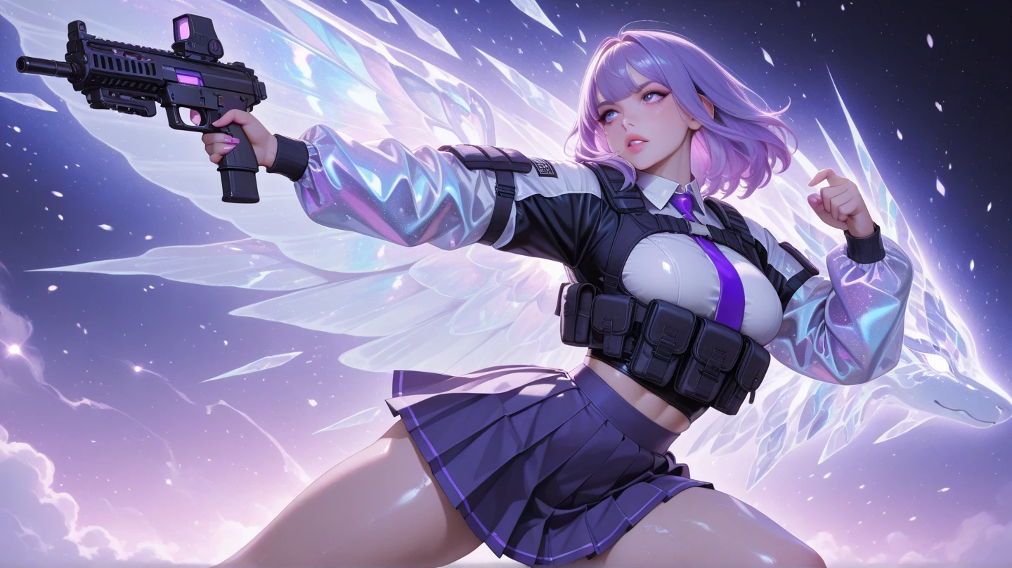 , cabelo roxo, estilo anime Gantz, terror, angel wings ar15 m3 weapon