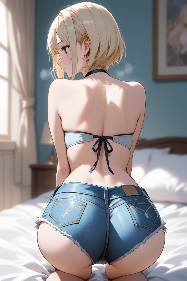 1 girl, she has short jacket, she is half naked, she has big butt, she has big thighs, noon, back side, large room, she has belly ache , she is sitting on towel, the towel is wet, she is riding her pillow, she is hot, back view, mild angry, straight body, medium breast, she is standing, big booty, big butt, butt view, she is taking a bath