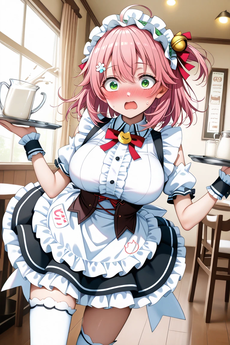 A woman wearing a red 50s waitress uniform with a white stripe, a 50s waitress hat, standing in a very detailed 50s coffee shop, hot pink hair, with silver fringes, gray bangs, multi hair, pink eyes, smiling , big breasts, pigtails.UHD , prime work , accurate , anatomically correct , textured skin , super details , high quality , best quality, 8k, high resolution, bokeh effect. (woman alone)