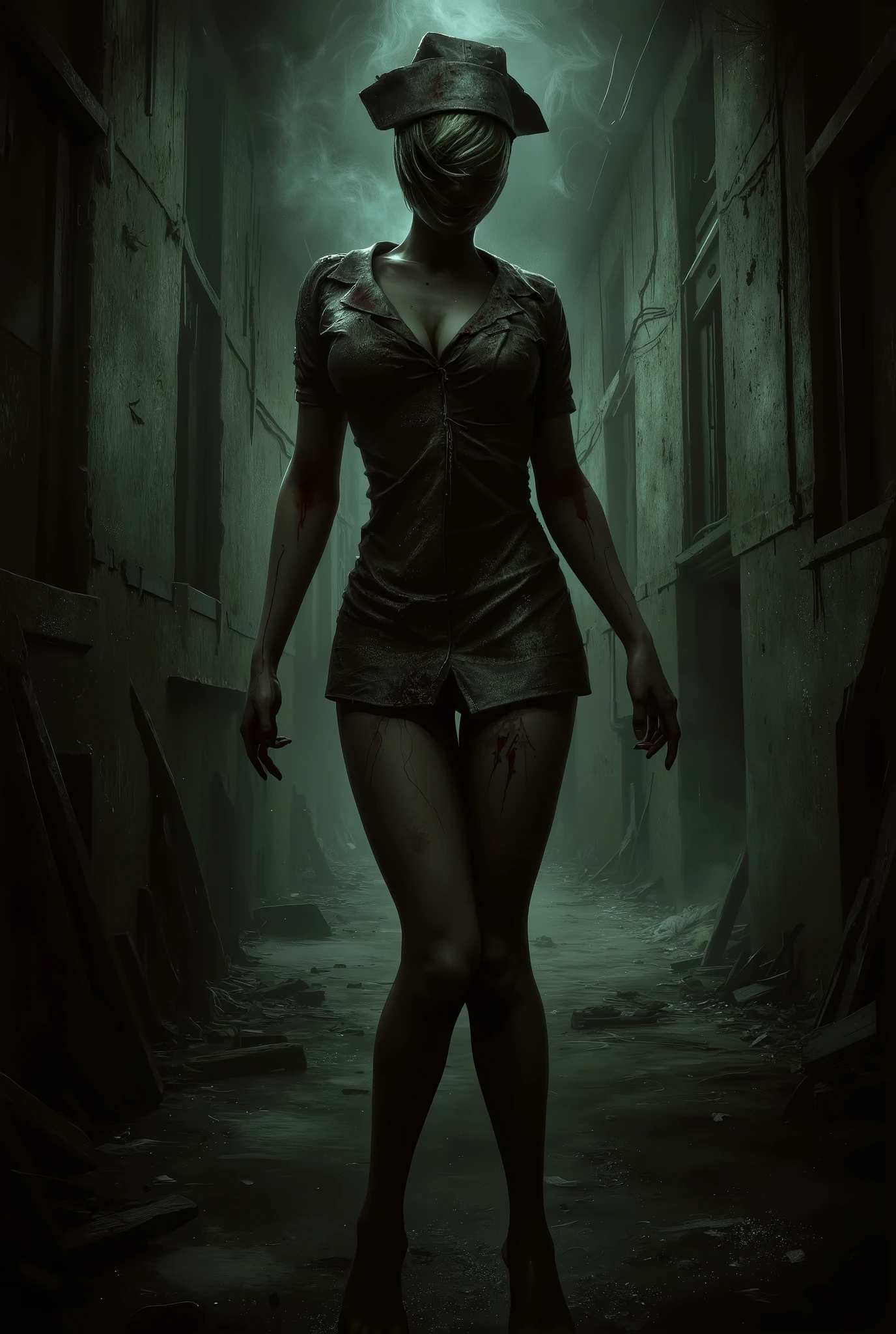 Silent Hill, Nurse, dilapidated, blood, surreal, hospital hall background, sexy, seductive, high detail, masterpiece.