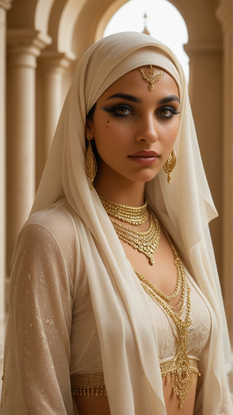 celestial and charming and beautiful and elegant Hazrat cinderella( نبي الله سندريلا صلى الله عليها وآله وسلم) 1990 live - action movie first look, grainy, vhs filter, wearing glittery tulle cape and glittery tulle cloak or hijab veil as ancient and enigmatic muslim prophetess with irresistible holy aura, invites the wretched and beggers to islam and monothemism and allah, her jewelries and dress sparkles intensely shiny