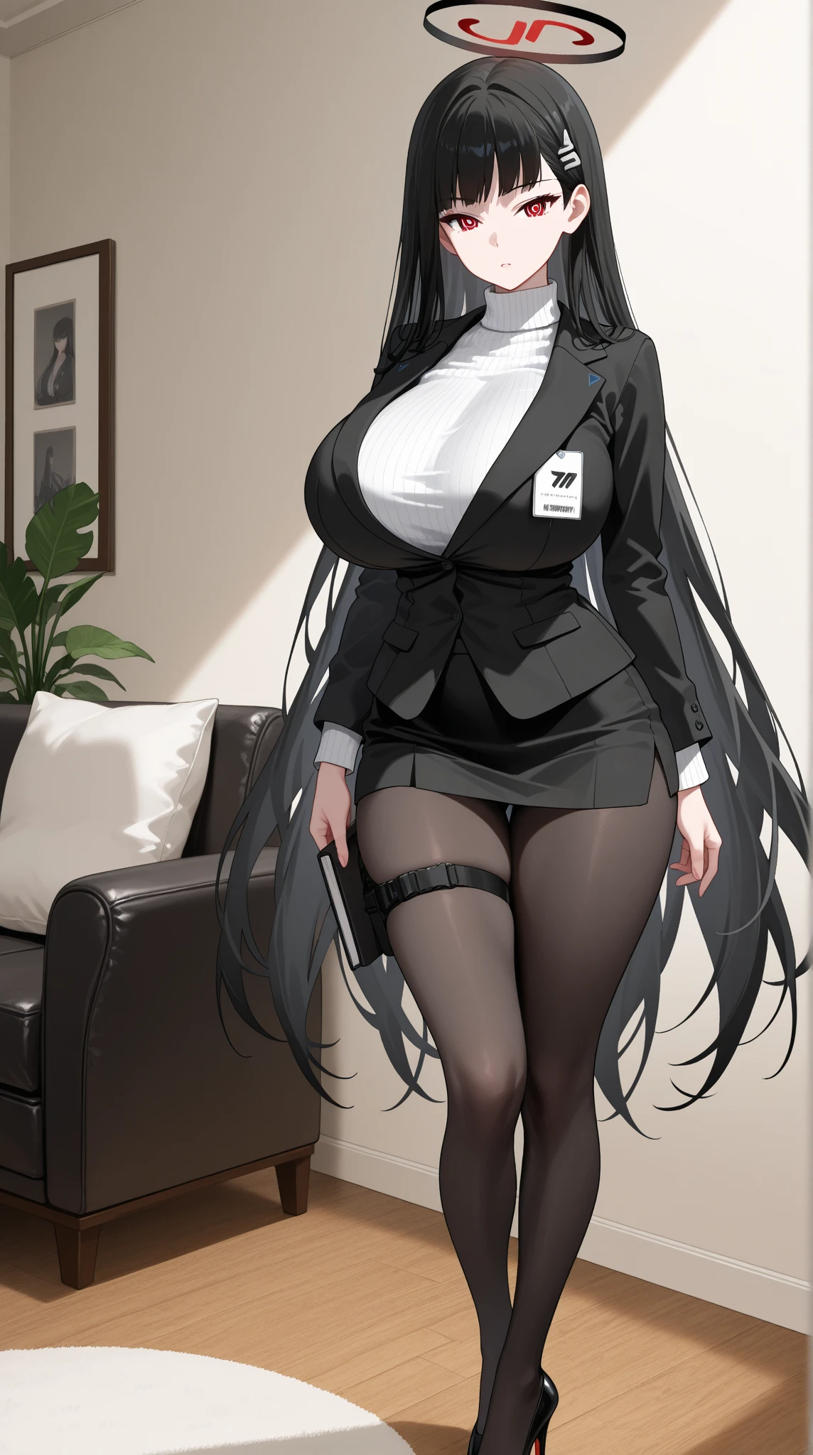 (solo 1 very skinny girl standing in office:1.3), (swaying back), (arms behind back), (business suits:1.3), (black blazer with closing chest:1.2), white dress shirts under blazer, (bursting gigantic huge breasts:1.2), necktie, (inconceivably narrow waist:1.²), too short black skirt, thigh gap, highheels, nose blush, perfect anatomy, orgasm