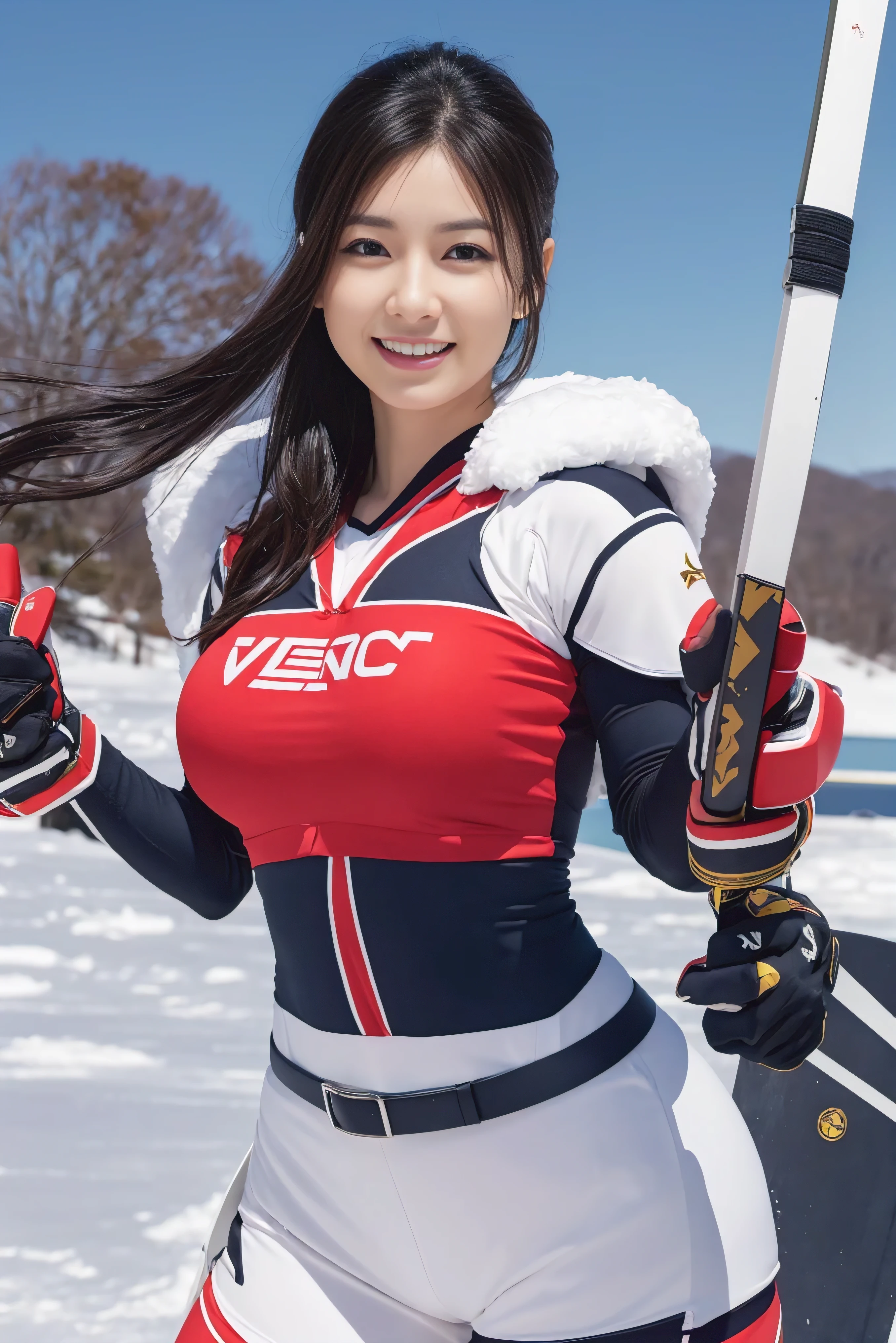((((highest quality))))、(((Ultra-precision CG16K wallpaper)))、(((masterpiece)))、(((Super detailed)))、(((super extreme details)))、1people's women、mature woman、25 year old woman、((Japanese face))、((very beautiful face))、((Minami Tanaka:1.5))、((straight semi-long hair:1.3))、(shiny hair)、bangs up to eyebrows、beautiful brown hair、beautiful delicate eyes、brown eyes、raised eyebrows、high nose、small nostrils、small mouth、seductive lips、mouth slightly open、beautiful breasts、C cup size breasts、cleavage、plump body、perfect proportions、perfect anatomy、perfect composition、beautiful detailed shading、beautiful natural lighting、beautiful detail glow、Depth of bounds written、(((High chroma)))、(((real:1.9)))、((vivid:1.4))、((beautiful skin))、((skin texture))、((realな皮膚感))、(((cowboy shot:1.5)))、((Angle seen from the front:1.5))、((smile:1.4))、(Eyes looking at me:1.5)、bright sunshine、(((ski slope:1.3)))、(standing pose:1.5)、(((sexy ski wear clothes:1.5)))、