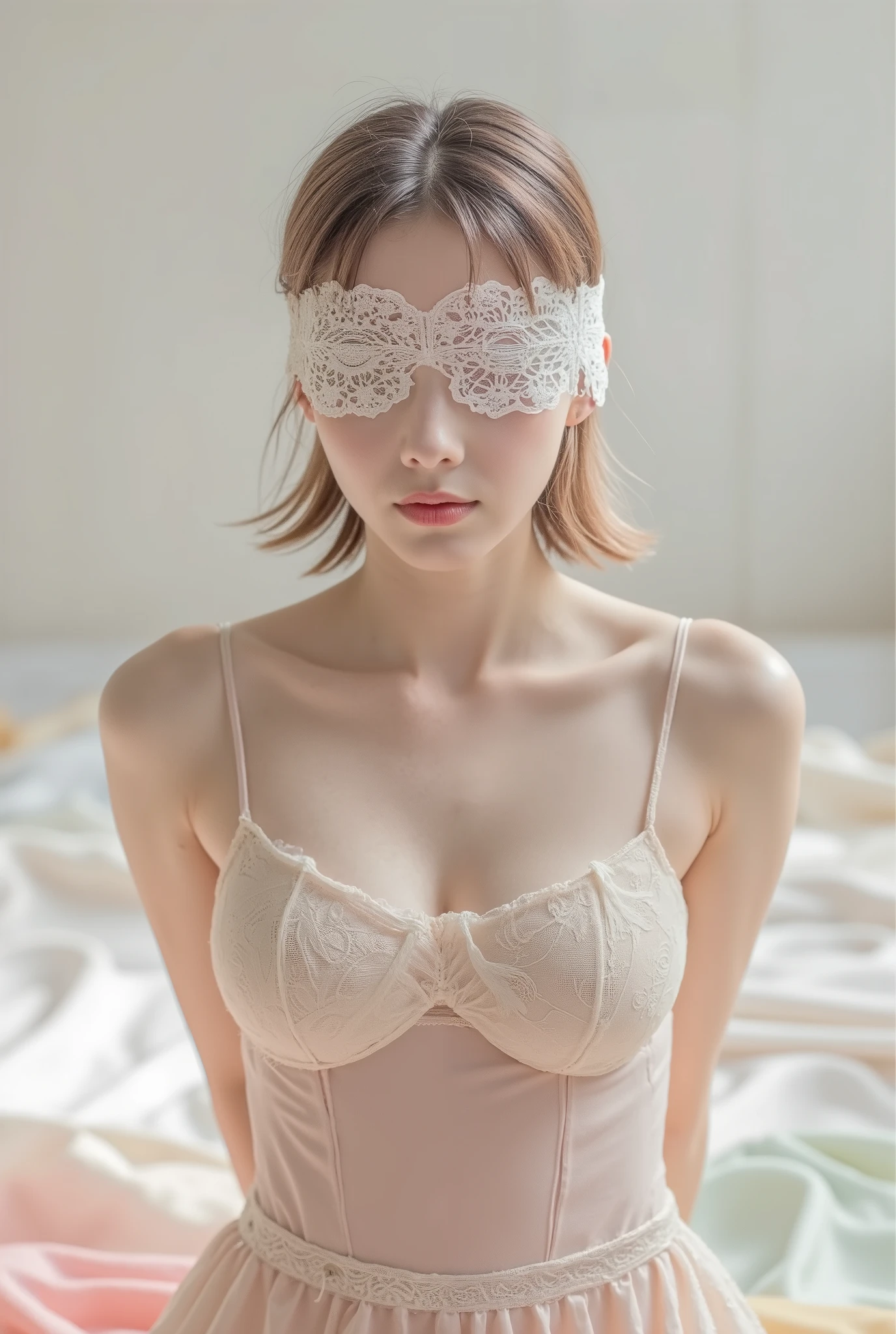 A woman who has a black blindfold and always wears a black and white dress, His hair has always been short and white., his body is tall, medium breasts, thighs and big butt.