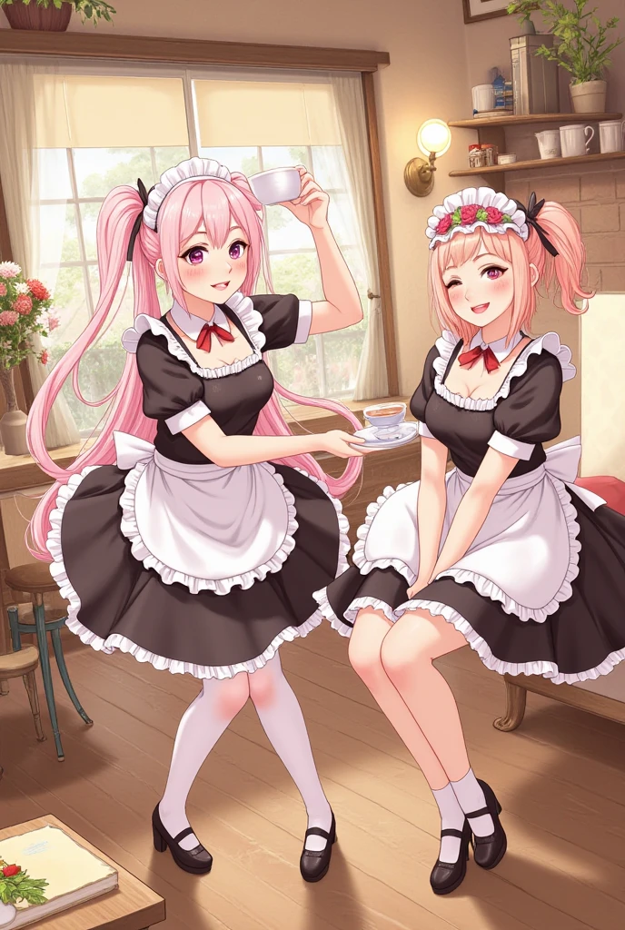 highest quality、masterpiece、((2 girls:1.5))、((smile:1.3))、(blush:1.3)、Black Shirt、blouse、((fun!!))、(Small breasts)、()、Blonde、(Long sleeve)、((White apron:1.5))、((Maid))、((hair ornaments)),、Kamimei、look at me、 ((in house:1.5))、 Taking a break from watching the audience、Cowboy Shot、(Skirt lift:1.3),(Highly detailed pink striped panties:1.3)、(Highly detailed panties:1.3)、、(スカート that rolls up:1.3)、(Panties fully exposed:1.5)、Light blue eyes、long hair、Glowing Eyes
