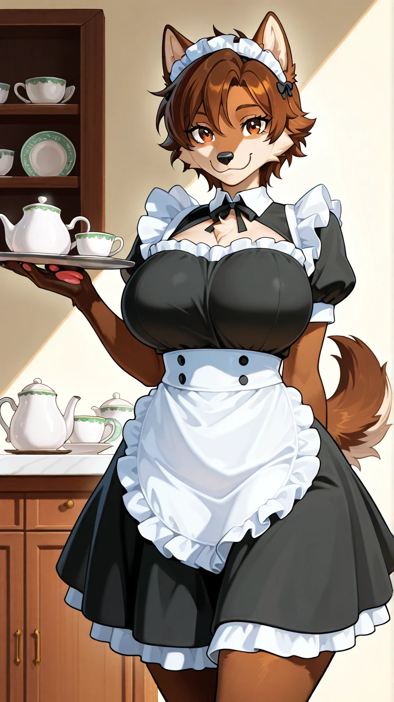 short brown hair, Kneeling on the ground, Sexy figure, big breasts, hairy, Spotless and excited expression, Glasses, purple eyes, orange fur, A person sticks out his tongue, Bodily fluids and milk spilled on him,bar ,maid outfit