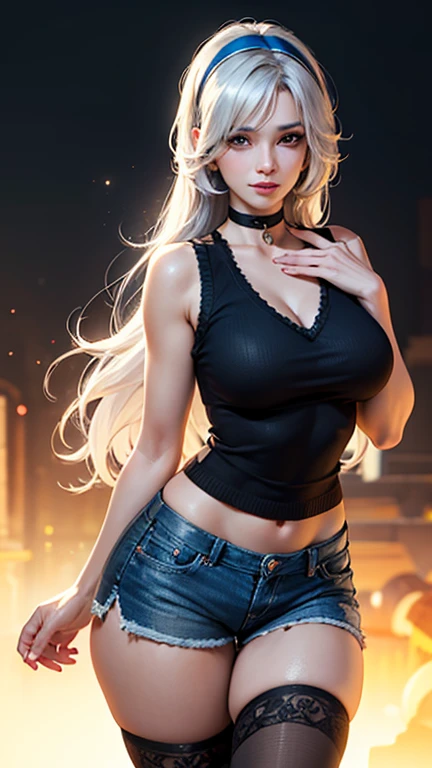 realistic, 1 women, best quality, 12k, HD, long hair, big round breasts, cleavage, ponytail, necklace, jewelry, shorts, short jacket, slim hips, hair tie, yellow eyes, black hair, super detailed, Eye details, hair details, person details, mouth details, face details, breast details, clothes details, hair details, pants details, hand details, whole body