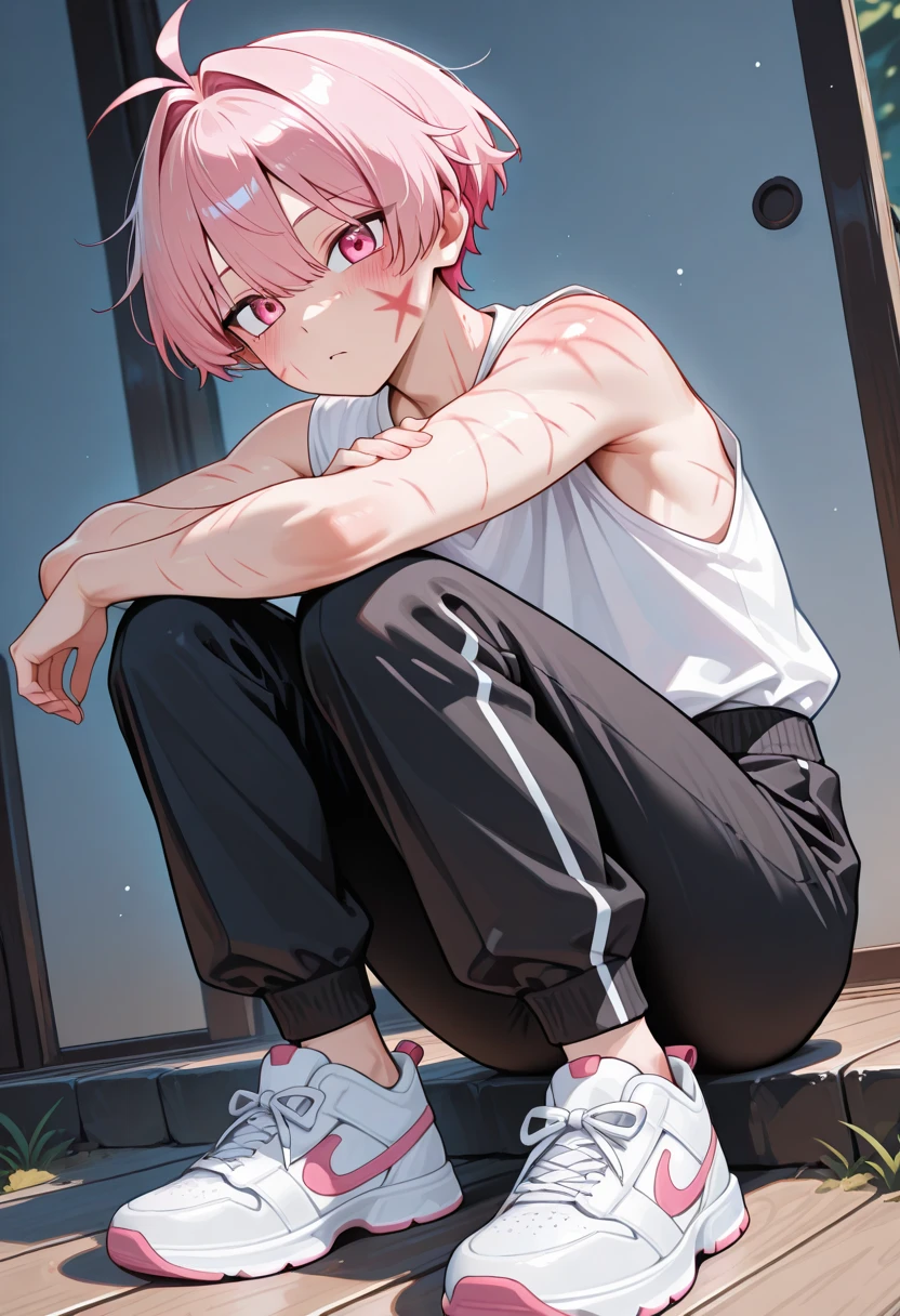 One girl, teenager, light skin, long pink hair, pink eyes, black shirt, white jacket, black pants, sports shoes, anime style, digital art, heart necklace, sitting in a messy room looking out the window