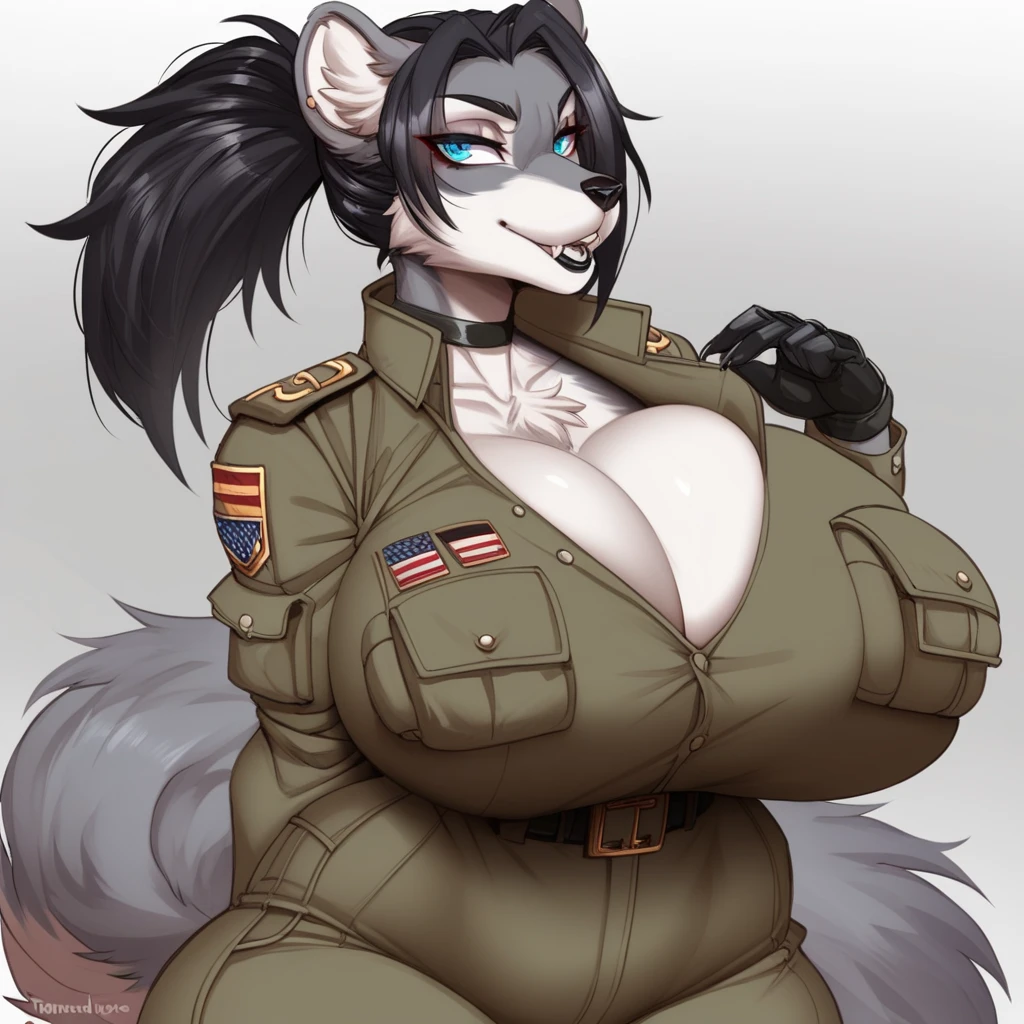 solo, 1girl, fox, female, broad shoulders, stocky build, buff, muscular, large breasts, gold eyes, highly detailed eyes, long snout, Amazon, powerful figure, wearing camouflage_uniform, (monochrome uniform:1.2), military camp, rolled sleeves, shirt, trousers, cleavage, standing upright, combat boots, full body, smiling, friendly, looking at viewer, realistic lighting, by darkgem, by meesh, by jollyjack,