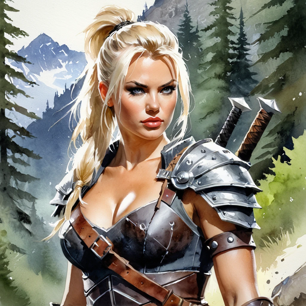a beautiful blonde barbarian woman, extremely detailed facial features, stunning emerald green eyes, red lips, flawless skin, muscular athletic body, wearing minimal fur and leather armor, holding a large battle axe, standing in a stormy mountainous landscape, ominous dark clouds, dramatic lighting, cinematic composition, hyper-detailed, photorealistic, 8k, award winning digital art, barbarian_woman armor((best quality)), ((masterpiece)), (detailed), ((background Cyber)), wet look, ((blond long Hair)), ((Intricate detailing, in the night time, View from afar, random pose, blue body paint, face focus, hell picture, light face))