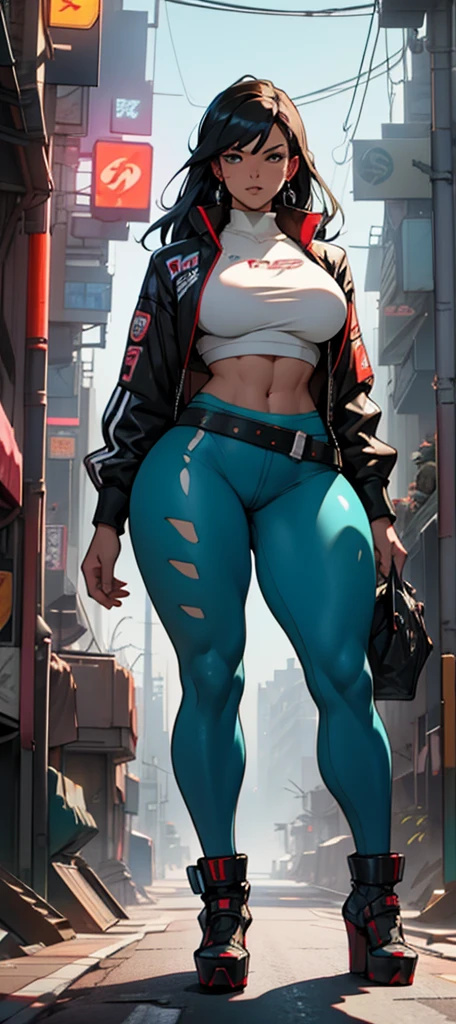 Change background cyberpunk handsome boy, realistic face, 8k, ultra realistic, long legs, thick thighs, large wide hips, thin and narrow weist, big large feminine breasts, large male reproductive organs, very small spikey boyish haircut, wearing blue leggings and tank top