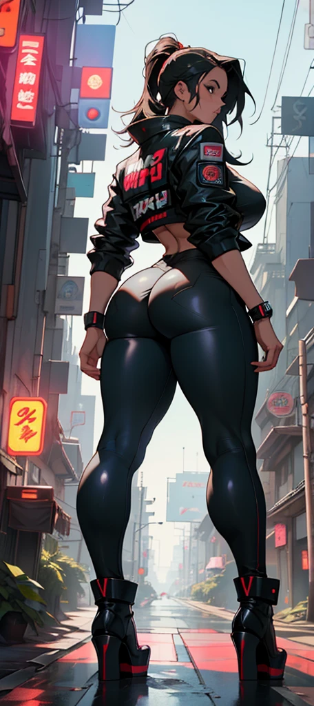 full body standing good face, nice ass, red spiky hair, beautiful woman, wide hips, cleavage, jumpsuit, leotard, heavy boots, apocalypse, muscular, thights, Mature woman, Abs, looks at the viewer, lustful smirking smile face red blush