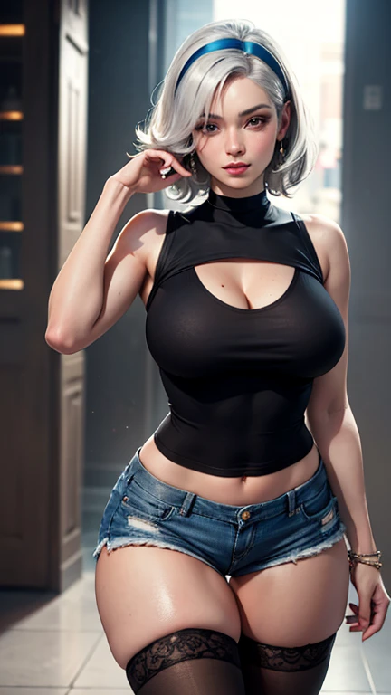 1 voluptuous woman, short black hair, hairstyle pixie, eyes, environment change scene, Female, wearing tight "jeans overalls" "without shirt", uncovered shoulders, (simple background, white background: 1.3), illustration, ((masterpiece)), (((best quality))), UHD, highres, 8k, best quality, high details, anatomically correct, full body