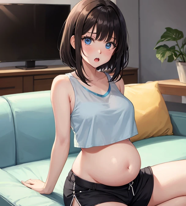 potrait of pregnant women, 23 years old, beautiful face, long hair, wearing bra sport outfit, very horny and asturbate, riding vibrator until wet in the sofa