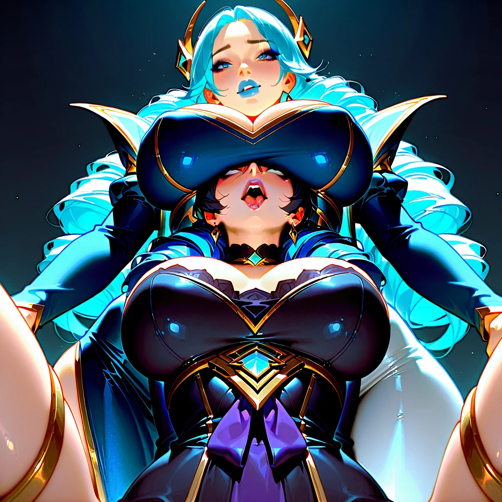 a close up of a woman with a blue hair and a black outfit, extremely detailed artgerm, (super huge breast:1.7), evelyn league of legends, style of artgerm
