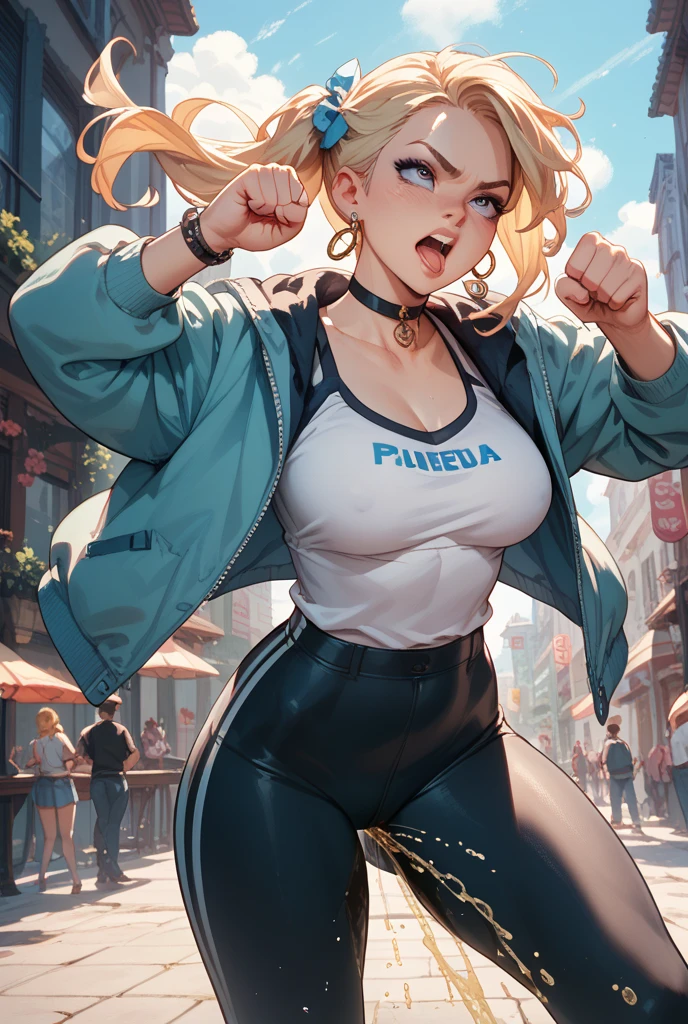 Tall, very muscular, blonde woman, wearing a white top written "#GYMMOMMY", black shorts, double biceps pose, blue background, black letters in the background, text in the background "Death By Snu Snu!", seductive face, manga artwork , anime style, great color contrast, anime style, drawing art