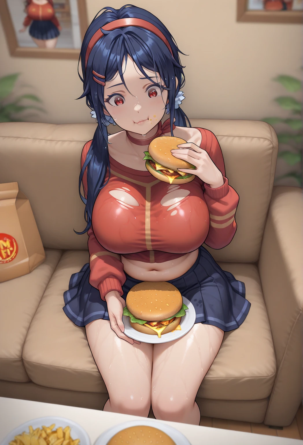 ((masterpiece, best quality, highres, UHD, perfect pixel, depth of field, 8k, RTX, HDR)), BREAK, 1girl, single, solo, beautiful anime girl, beautiful artstyle, anime character, ((long hair, black hair)), (brown:1.4, rounded eyes, beautiful eyelashes, realistic eyes),big breast, without clothes wearing only a white apron, covered in sweat, blushing, with a smile, BREAK, holding a bitten bread in the hand, sexy pose in a pastry shop with shelves with a lot of bread.