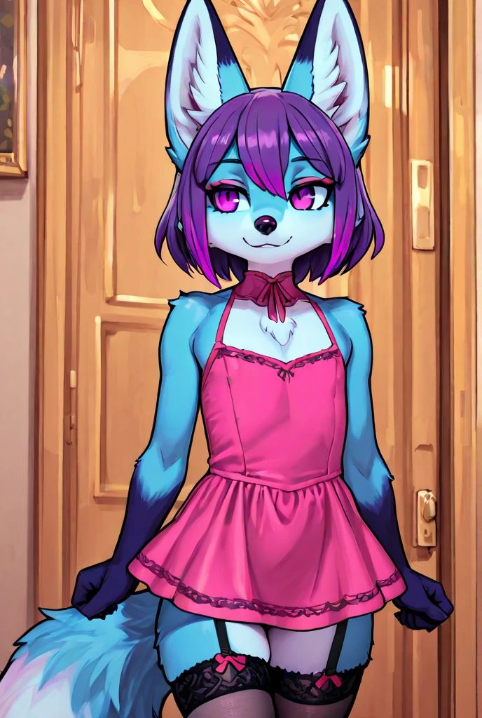 masterpiece, soft shading, 1boy, Furry, furry cat, anthropomorphic, male, blue fur, blue skin, violet eyes, magical girl theme, revealing clothes, magical girl outfit, magical girl dress, femboy, sexy pose, uploaded on e621,