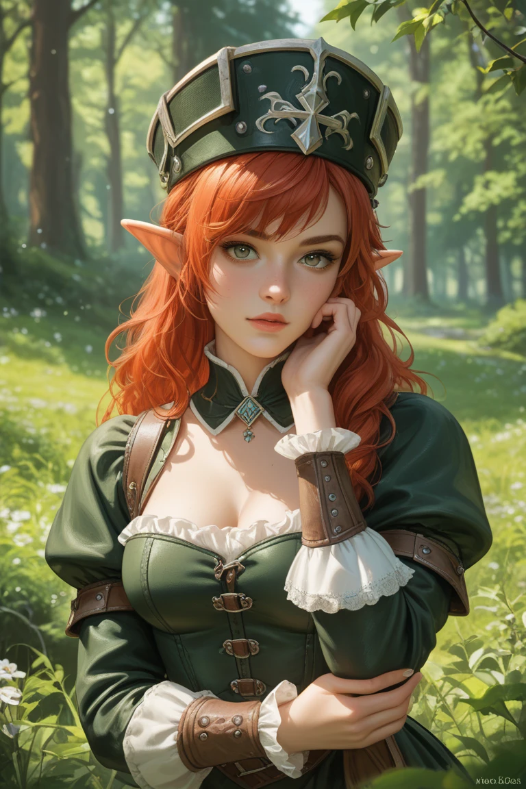 Masterpiece, high details, best quality, 8k, [ultra detailed], masterpiece, best quality, (extremely detailed), dynamic angle, ultra wide shot, RAW, photorealistic, fantasy art, dnd art, rpg art, realistic art, a wide angle picture of a female fairie ranger and her pet fox,  [[anatomically correct]]. dynamic position (1.5 intricate details, Masterpiece, best quality) talking to a fox, red fox, fantasy style, smoothlight (1.6 intricate details, Masterpiece, best quality) in forest (1.5 intricate details, Masterpiece, best quality), a female wearinodest medium length dark green skirt with corset top) with thigh high green stockings and hat (1.4 intricate details, Masterpiece, best quality), thick hair, long hair, auburn red hair, fair skin intense (brown) eyes, forest background (intense details), a stream flowing in the backgraound (1.4 intricate details, Masterpiece, best quality), dawn light, clouds (1.4 intricate details, Masterpiece, best quality), dynamic angle, (1.4 intricate details, Masterpiece, best quality) 3D rendering, high details, best quality, highres, ultra wide angle, celtic fantasy, clover, poison ivy, fae, goddess of mischief, green magic, (wearing green tophat), pixie, fairy, celtic, Autumn, beautiful autumn spirit, fall season, Dark colored roses, perfect creation, perfect art, highly detailed, detailed art, masterpiece, perfect creation, perfect art, (outlined iris), (perfect eyeull figure),