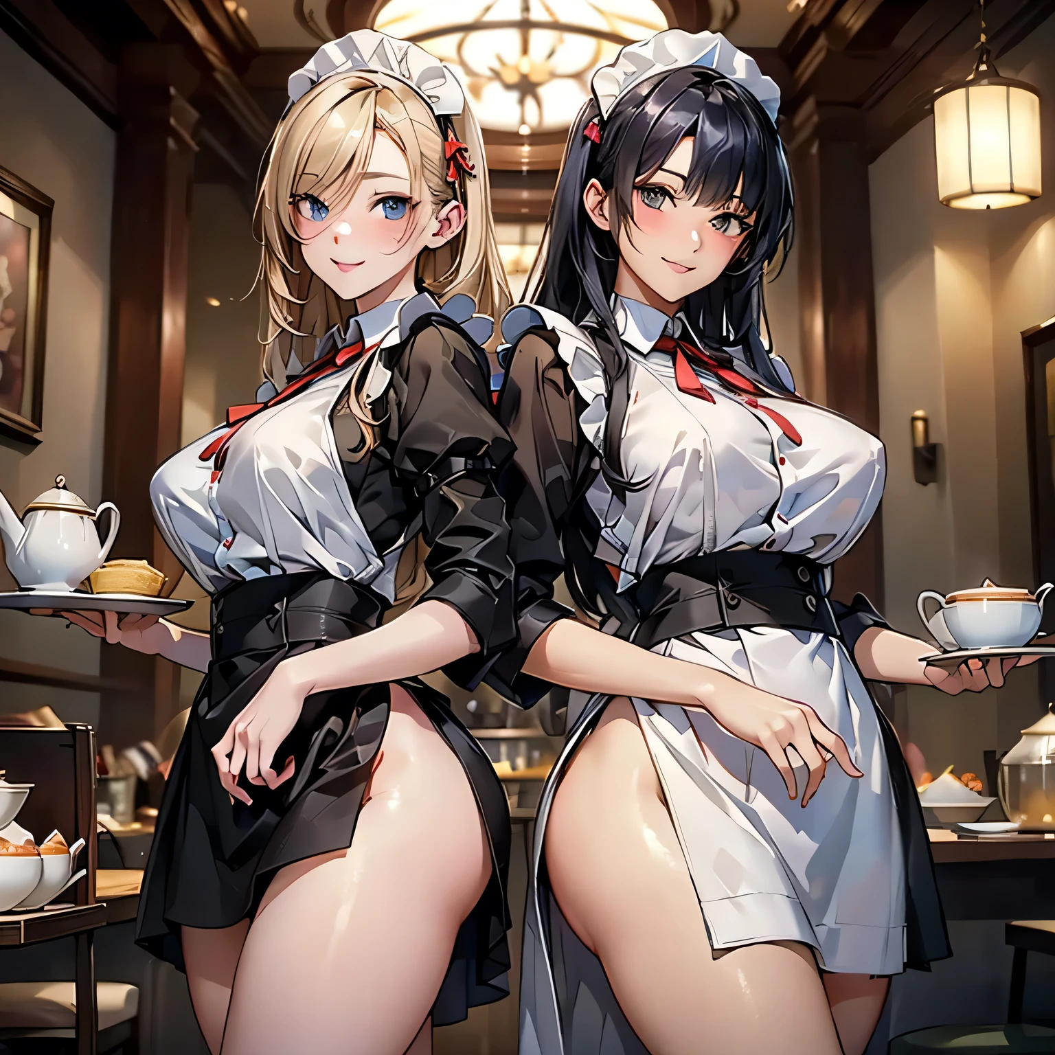 (Highest quality, masterpiece), (Ultra-high resolution, 8K RAW Photos, Photorealistic:1.5, Cinema Lighting, Fabric Shading, Thin contours, Clear focus:1.2), Beautiful mature woman making tea_Garden party, Standing by the round table, Serve tea, Leaning forward, (Meisen tea set, you can, Tea cup, Some cakes on a plate), Delicate and elegant French style white table with gold accents and royal_green, (茶色のMaid clothesを着ている:1.5, (Cleavage:1.5), Maid clothes:1.2, Long Flared Skirt, apron, Bow tie on chest), Tall Sally, Long legs, Gray Hair, (Wearing thin glasses:1.2), (Mature Woman:1.5, 28 years old, alone), (Large Breasts:1.9), (Saggy breasts:1.9), big , Tight waist), (medium short Gray Hair, Hair on one eye, (Updo:1.2), Side Lock, Asymmetrical Hair, Wavy Hair), (thin and bright pupils, Highlighted, detailed eyes:1.3, A face with attention to detail, perfect face shape, Bloodshot eyes), (A seductive smile, Half-close your eyes:1.2), (Looking at the audience:1.3), (Dutch Angle, whole body:0.7, From below:1.2), ((Correct Anatomy:1.5, The right move)), (Ideal body proportions), (Outdoor:1.2, grassland),