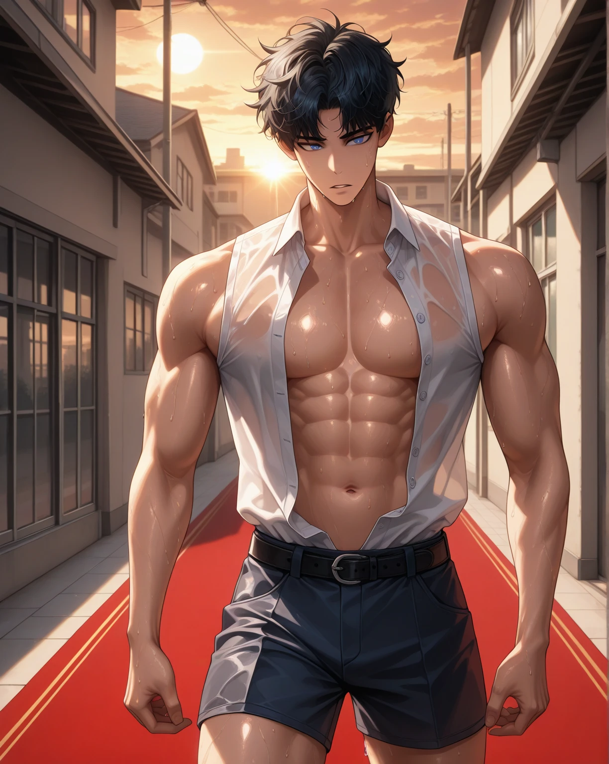 man, Masculino, Cara masculina, atractivo, muscular, ((1hombre)), Obra maestra, absurdos, La mejor calidad ,Detalles intrincados , (piel brillante, cuerpo brillante, piel brillante y grasa lustrada, cabello brillante, pale skin tone), puesta de sol, atractivo, ((muscular)), adulto, Uno, ((pecho abierto)), ((Sin blusa)), Pendientes, pantalUnos negros, No mires la vista , No mirar la vista, Pelo largo blanco, Cara detallada perfecta, Manos detalladas perfectas, vampiro, ojos violetas, ((MLS)), Disparo mediano grande