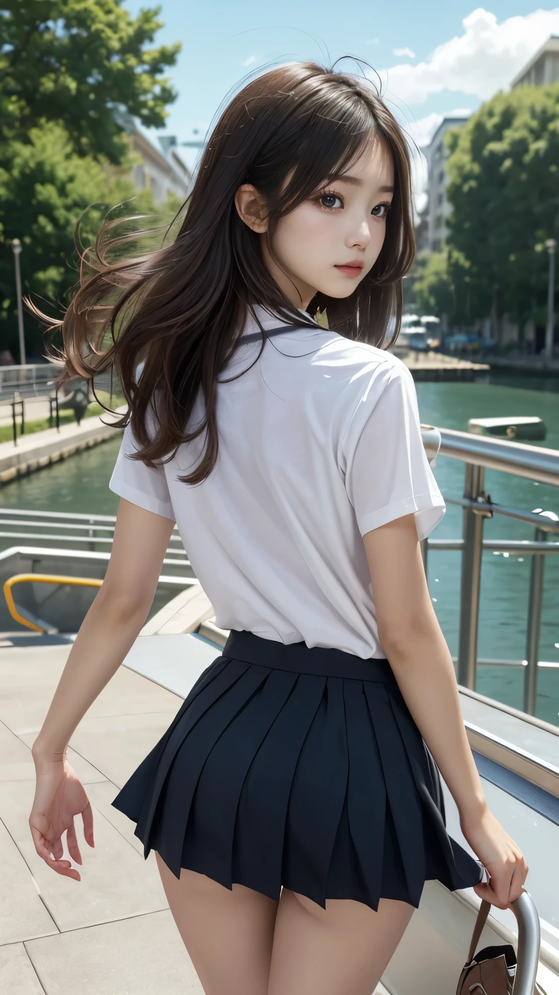 (((top-quality、8K、masterpiece:1.3))、foco nítido:1.2、Beautiful Women in Perfect Style:1.4、Slender Abs:1.2、((dark brown hair、Colossal tits:1.2))、(natural soft light、City Street:1.1)、Highly detailed facial and skin texture、A detailed eye、二重まぶた、Sexy schoolgirl in miniskirt sailor suit、A slight smil、Facing backwards、Wearing T-back panties、Sexy ass visible、emphasis on the buttocks,