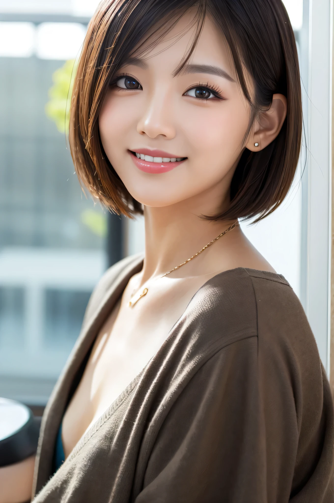((masterpiece)), ((Highest quality)), ((Complex)), ((Surreal)), (Realistic), (Mature Woman), ((There are no classes)), Very detailed, (1 female), Beautiful and exquisite, (Beautiful Teeth), Grin, Brunette Bob Hair, Brown eyes, ((blouse)), (Upper Body), (background:none), Perfect Eyes, Captivating eyes, Looking at the audience