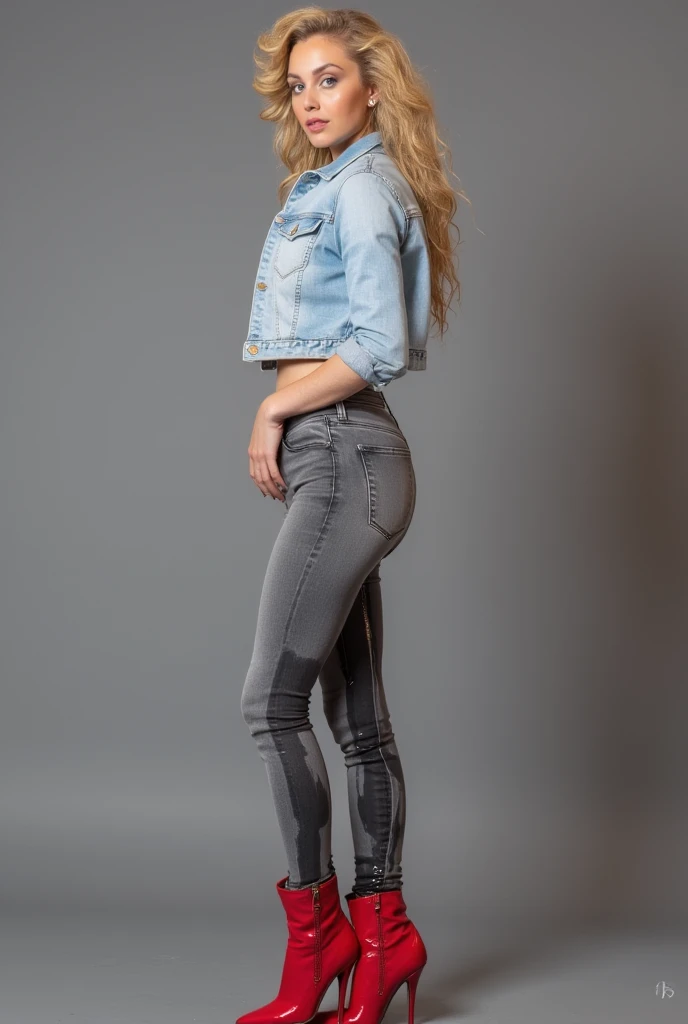 attractive blonde woman wearing skinny jeans, ((platform pumps)), white blouse, walking on a city sidewalk, wetting, big smile, pee stains are gleaming wet
