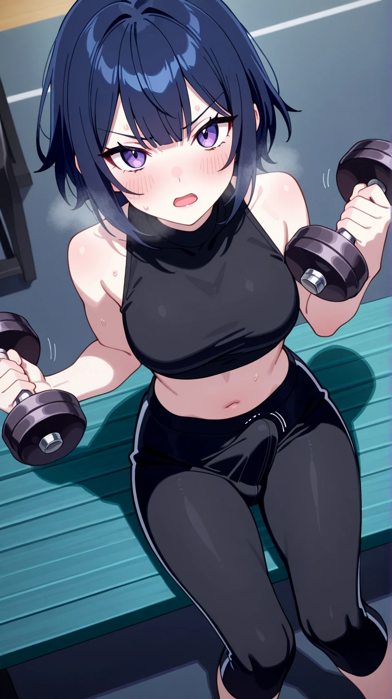 1girl, solo, expressive eyes, perfect face, sexy, wide hips, pale skin, medium breast, lightly muscular, light abs, fitness, black hair, spiky short ponytail, asymmetrical bangs, hair heart pins, hair scrunchie, blue eyes, black shirt, tight t-shirt, tight clothing, short sleeves, midriff, navel, bottomless, nsfw, pussy, thigh boots, thigh holster, heart earrings, heart choker, fingerless gloves, navel piercing, black beret hat, open mouth, holding dumbbell, from side, kneeling, looking at viewer, wood floor, indoor, dark, night, high quality, anime cg, cg, 8k unity wallpaper, dark ambience, cinematic illumination