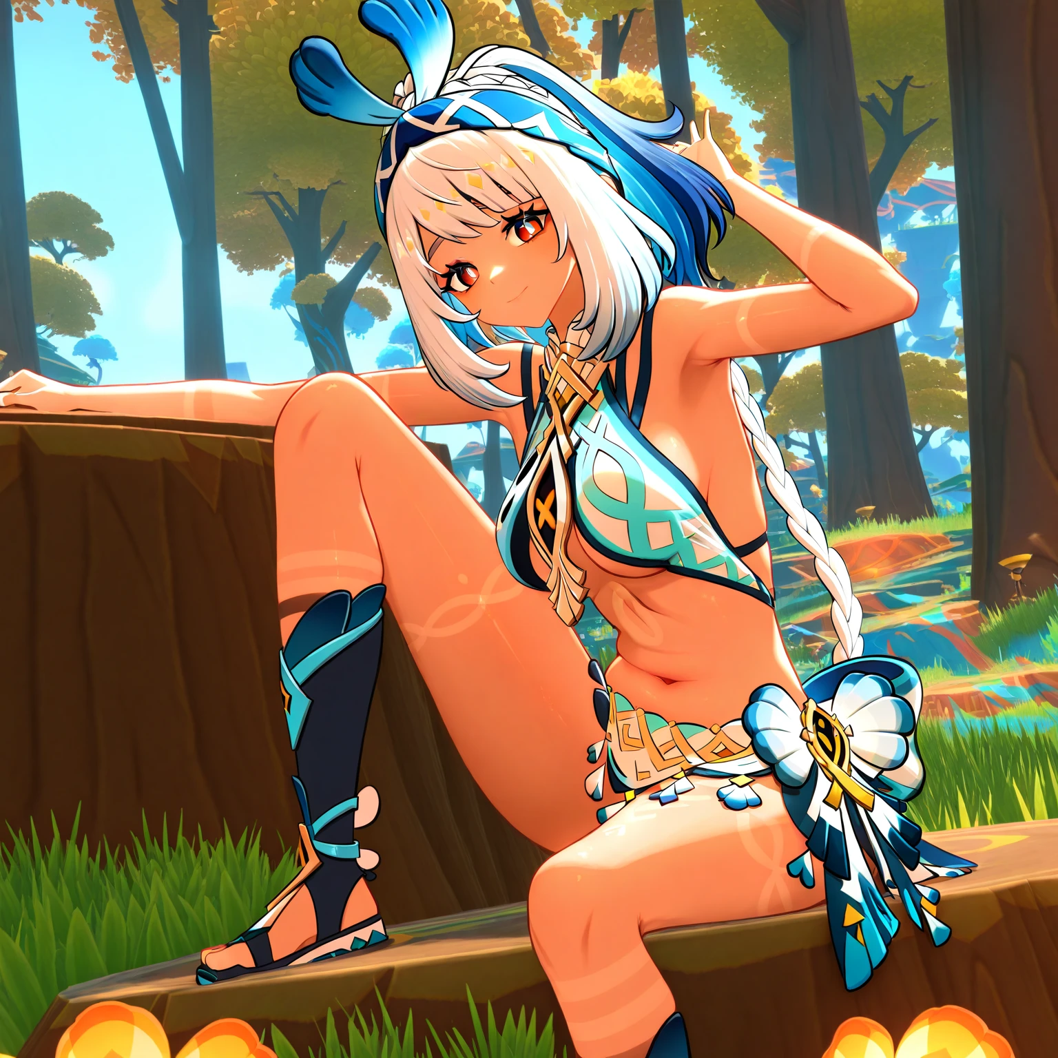 Milim bem detalhada, sitting in a forest showing her feet very close to the camera, umbigo exposto, barriga exposta, coxas bem sensuais.