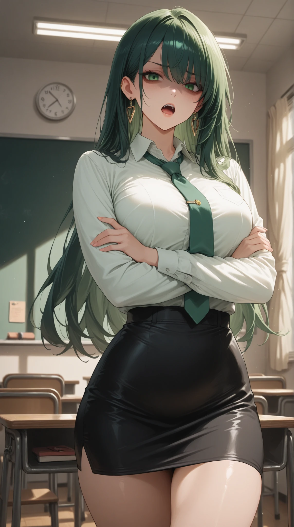 ((best quality)), ((master piece)), (Circumstantial), anime style, 1girl best quality, portrait, ultra detailed, gorgeous face, perfect anatomy, tan skin, black, giant hair, perfect hair, bangs, (hair between the eyes), (hair accessories), perfect light green eyes, eye detail, happy expression, lips, open mouth, smiling, ((teacher)), DAZY Folded Pocket Buttons Front Simple Elegant Suit Sets Female, arms, Hands, five fingers in hand, (thick legs), (big thigh), perfect thighs, possession, background scenery, classroom, white walls, lighting, lamp, objects in the background, tables and chairs, details in the environment, looking at the viewer