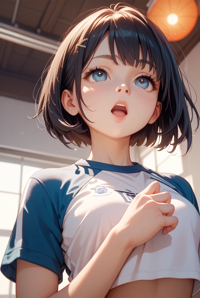 ((Masterpiece)), ((best quality)), (ultra-detailed), ((kawaii)), ((extremely detailed)), 4K, (8K), (super detail:1.2),(High Definition:1.3), (Professional Photography:1.2), (very aesthetic:1.2), (absurdres:1.2), (wide shot), cinematic lighting, (sharp focus), (perfect light), ((1girl)), ((12 years old)), dark color, Cute girl, (scornful), (exposed breast), messy short bob, Looking away, white baggy T-shirt, printed shirt, (loose-fitting clothes), Retro, ((leaning forward,)), exposed cute bra, extended downblouse,