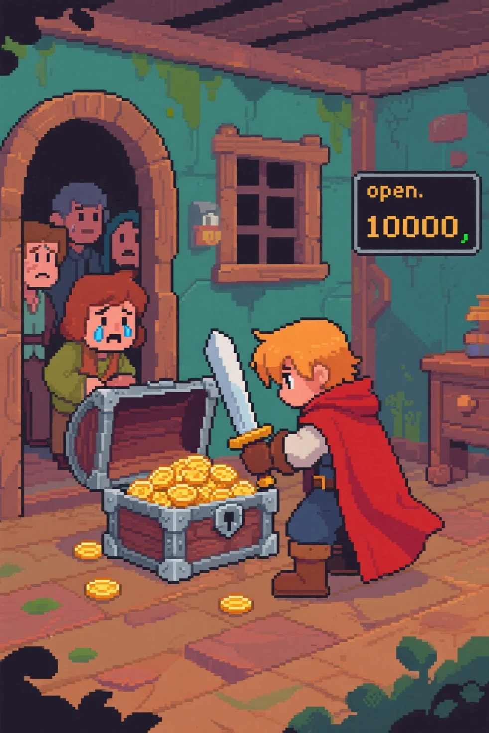 Retro RPG game、scene where the hero opens the treasure chest in a private house、There is 1000 gold in the treasure chest,The residents of the private house look at the hero opening the house's treasure chest without permission with a crying face、There is a command window on the right side and “open” is displayed、勇者は鉢巻と赤いマントを着て、剣を装備している